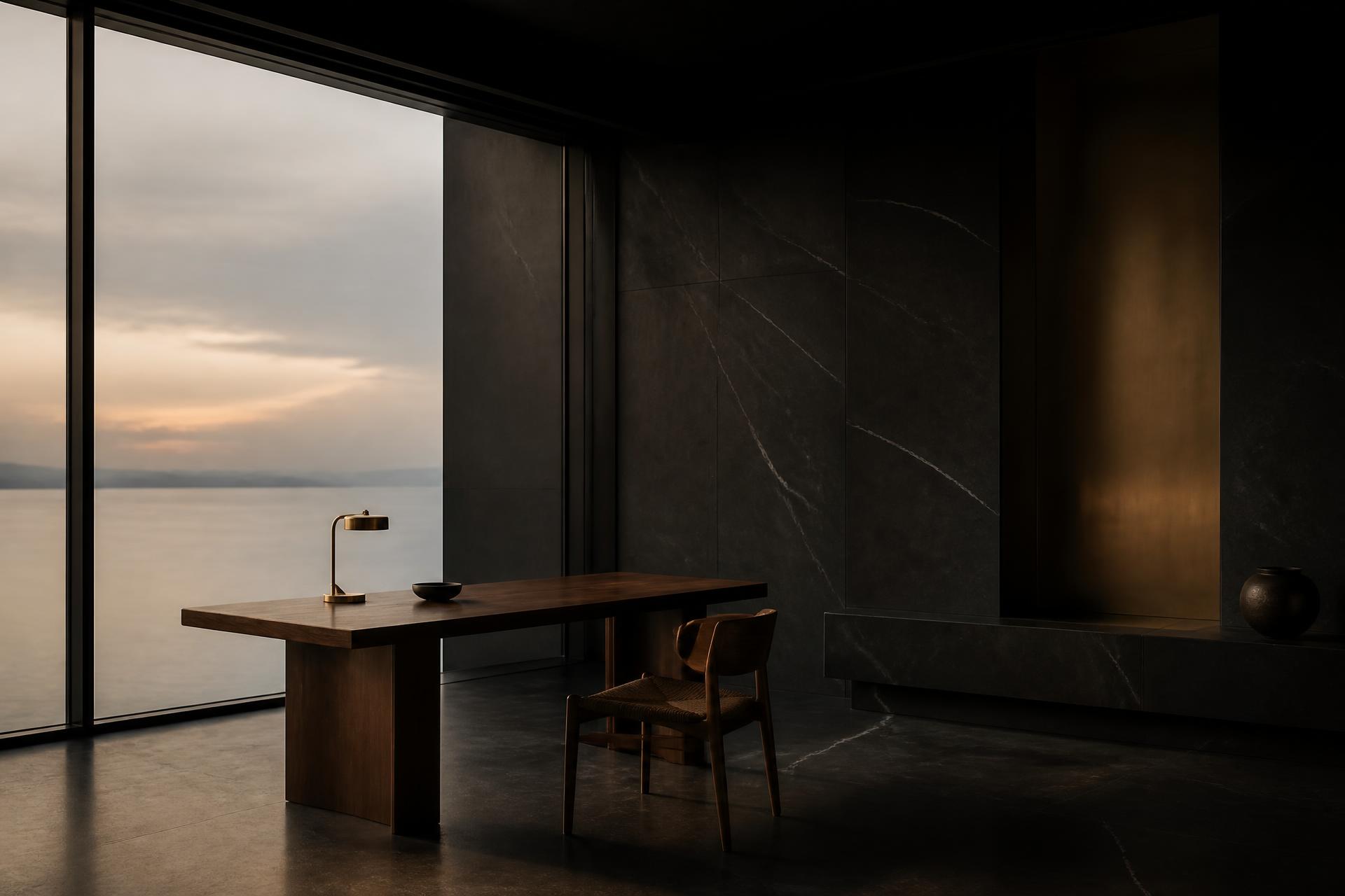 Interior arquitectónico con luz de atardecer, espacio de conversación privada